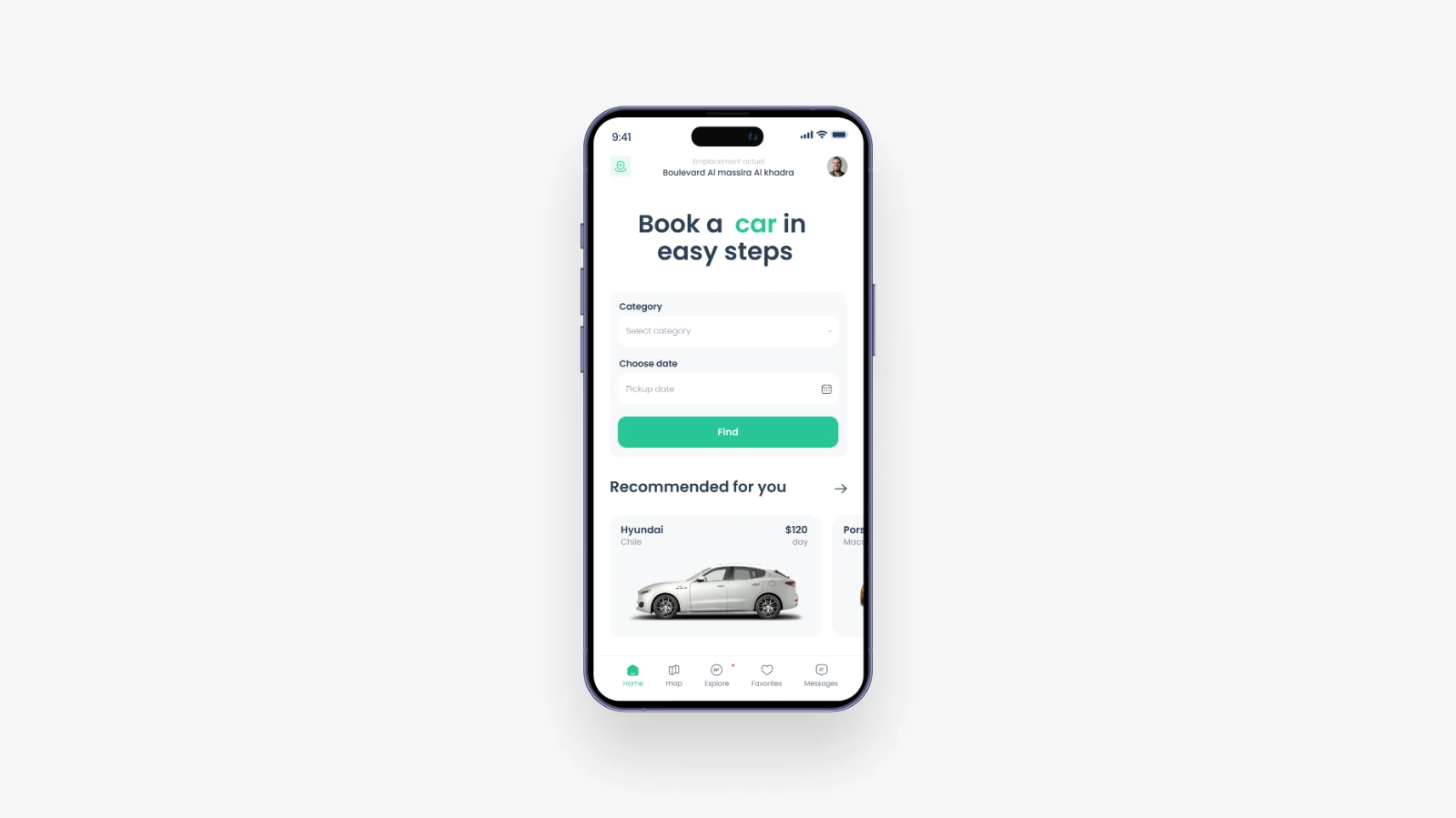 Recar home screen with a category selector, pickup date, Find button and recommended rental cars.