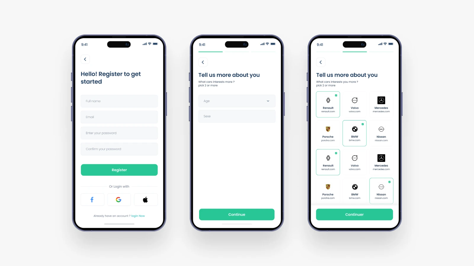 Three mobile onboarding screens for registration, profile information and preferred car brands.