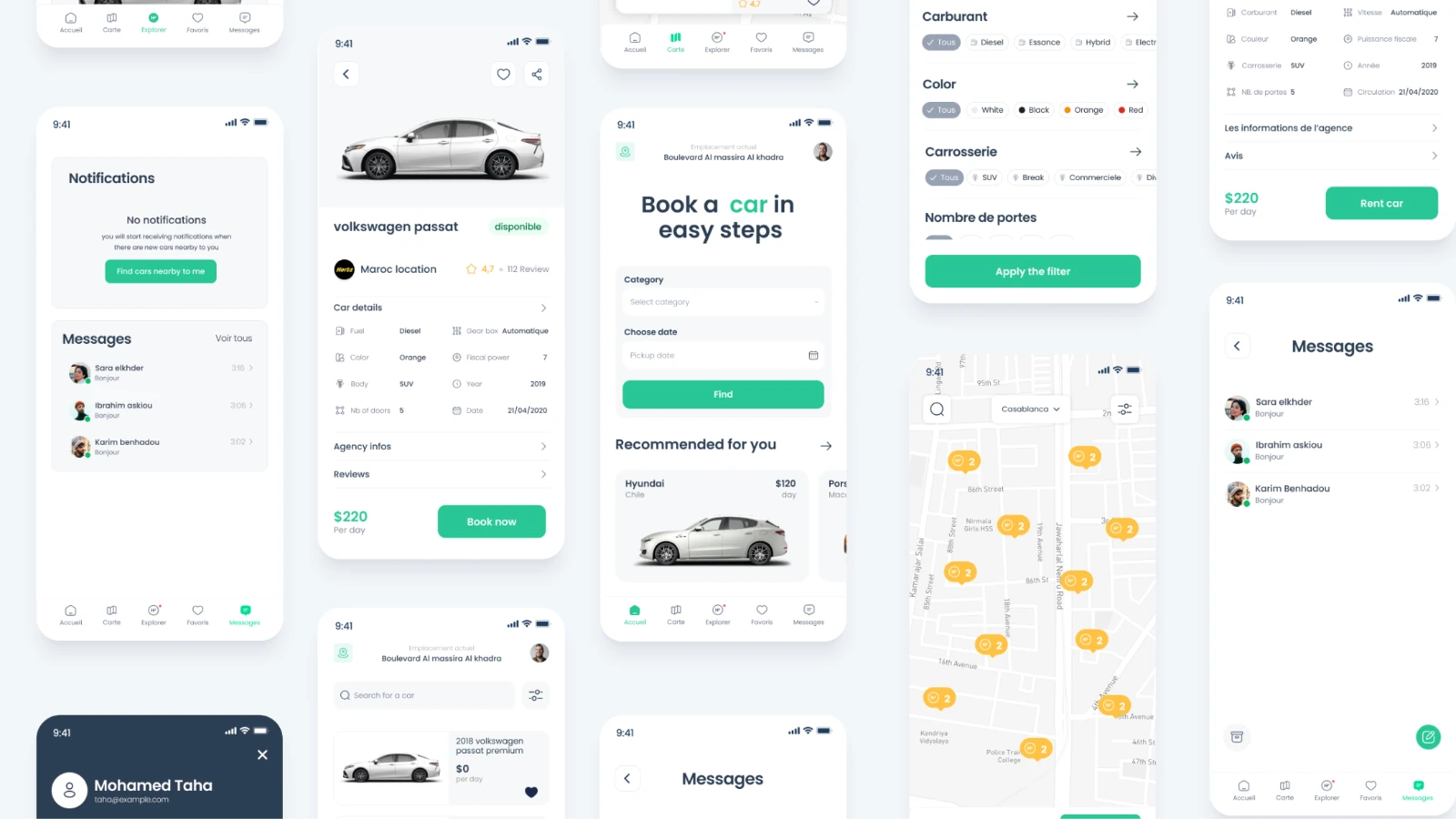 Recar screens showing car search, vehicle details, filters, a map, favourites and messages.