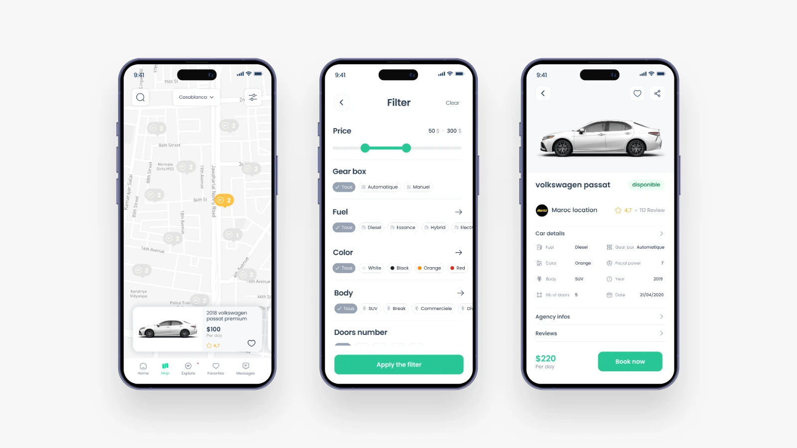 Three Recar screens showing nearby cars on a map, rental filters and vehicle details with a Book now button.